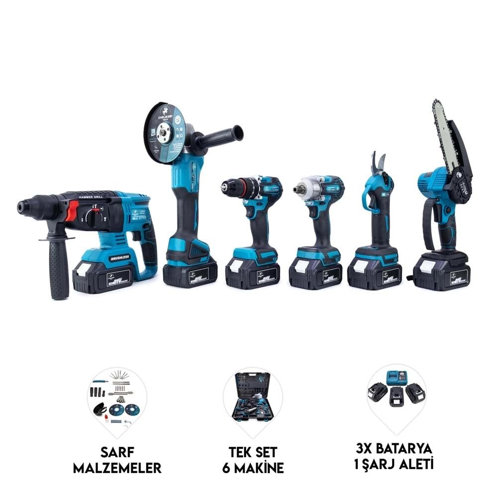 Şarjlı Chelıkbeı Altılı Set (Budama Testeresi +Bağ Makası + 13mm Ç.Mandren+S.Sıkma+Ş.Spral+Ş.Hilti)