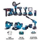 Şarjlı Onlu Set (Led Işık + Kırıcı Delici Matkap+Avuç Taşlama+Somun Sıkma+Vidalama+Sunta Kesme+Dekupaj+Lazer Metre+Oto Yıkama+Çok Fonksiyonlu Avuç Taşlama)