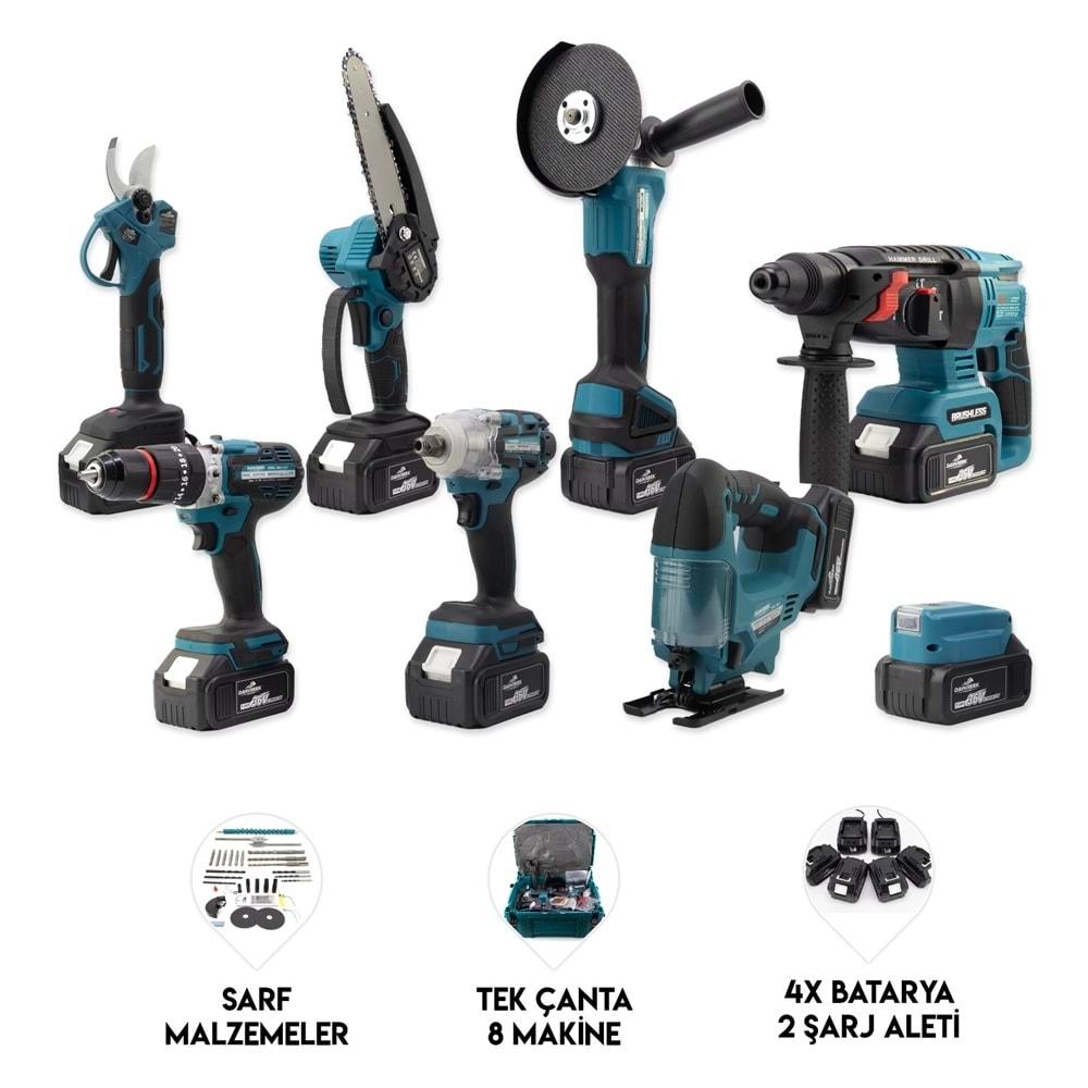 Şarjlı Torklu Sekizli Set Dbml (Led Aydınlatma+ Ş.Hilti+Ş.Spral+S.Sıkma+13mm Ç.Mandren+Ş.Dekupaj+Budama Testeresi+Bağ Makas)