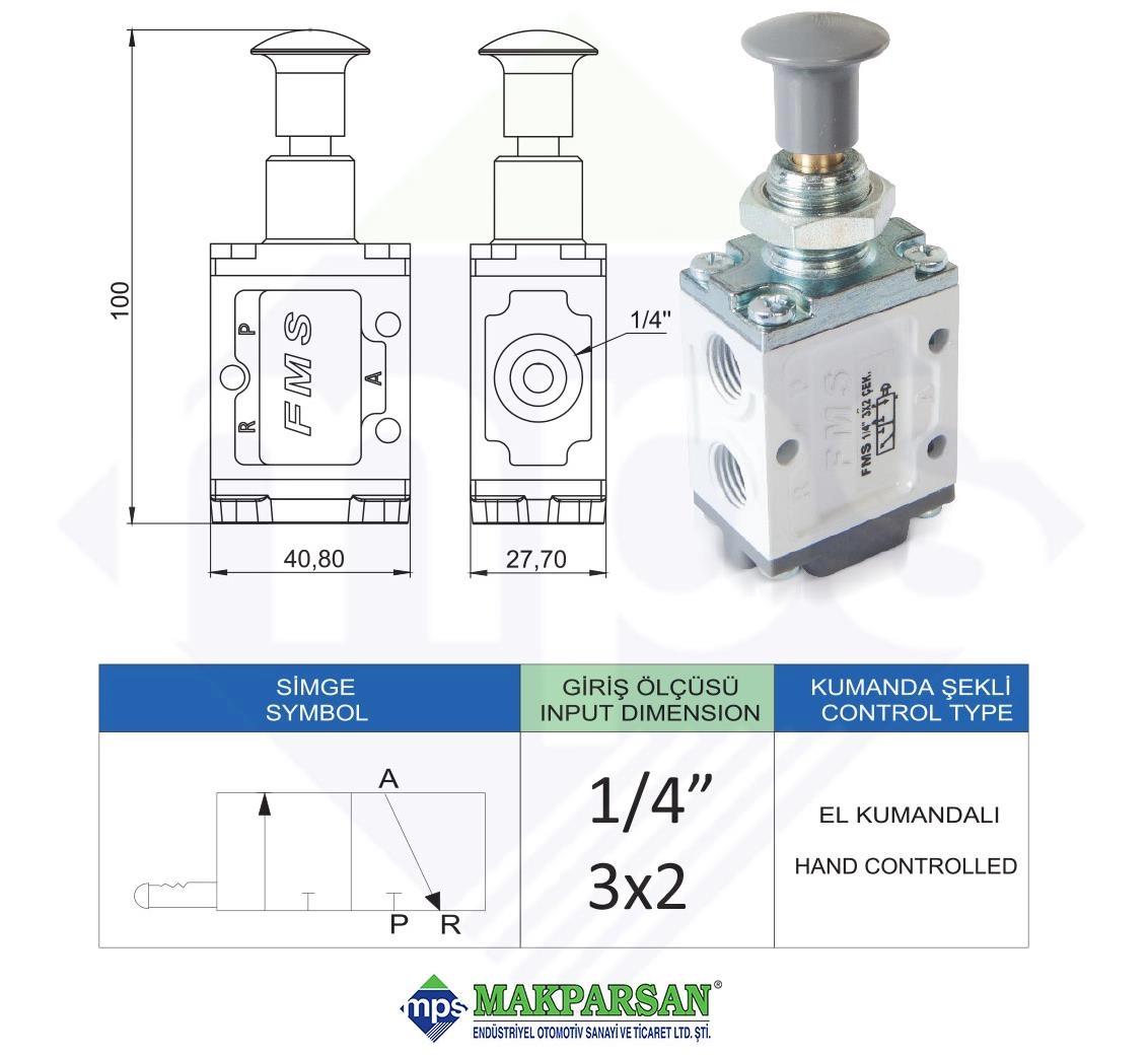 PNÖMATİK ÇEKMELİ VALF 1/4" 3x2 FMS MARKA