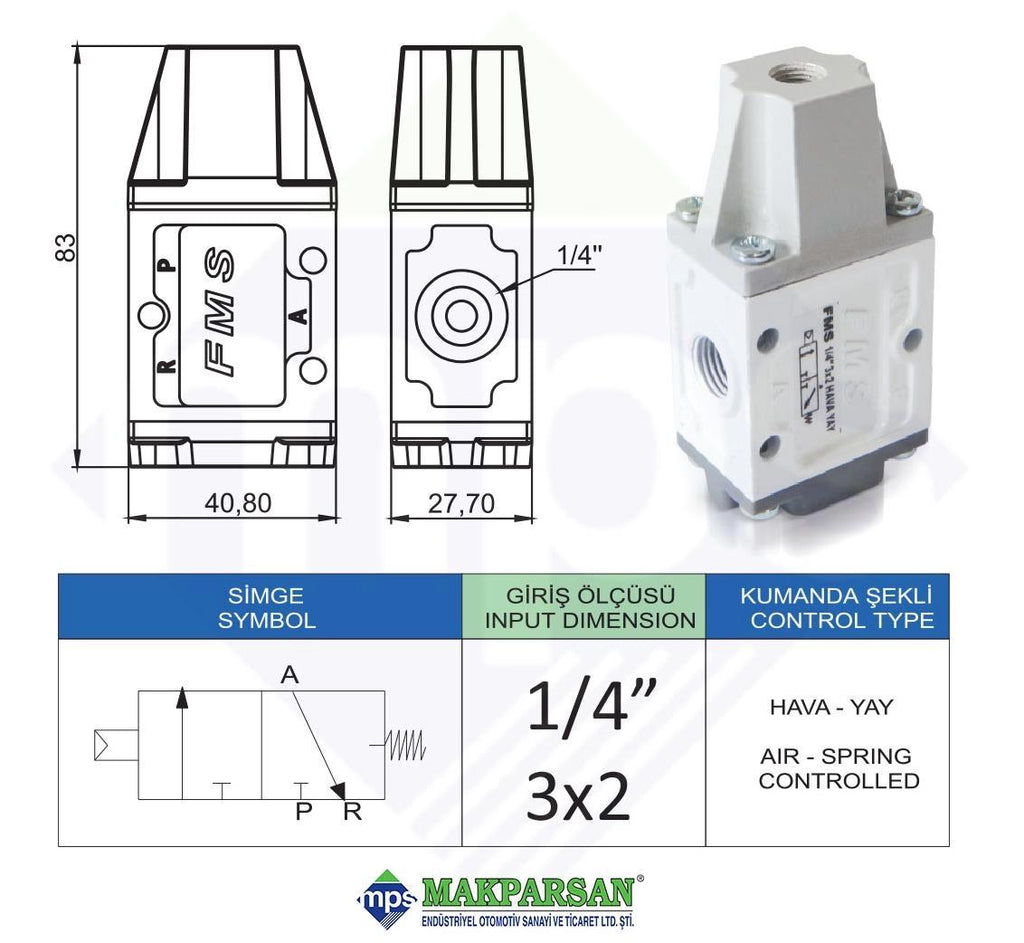 PNÖMATİK HAVA YAY VALF 1/4" 3x2 FMS MARKA