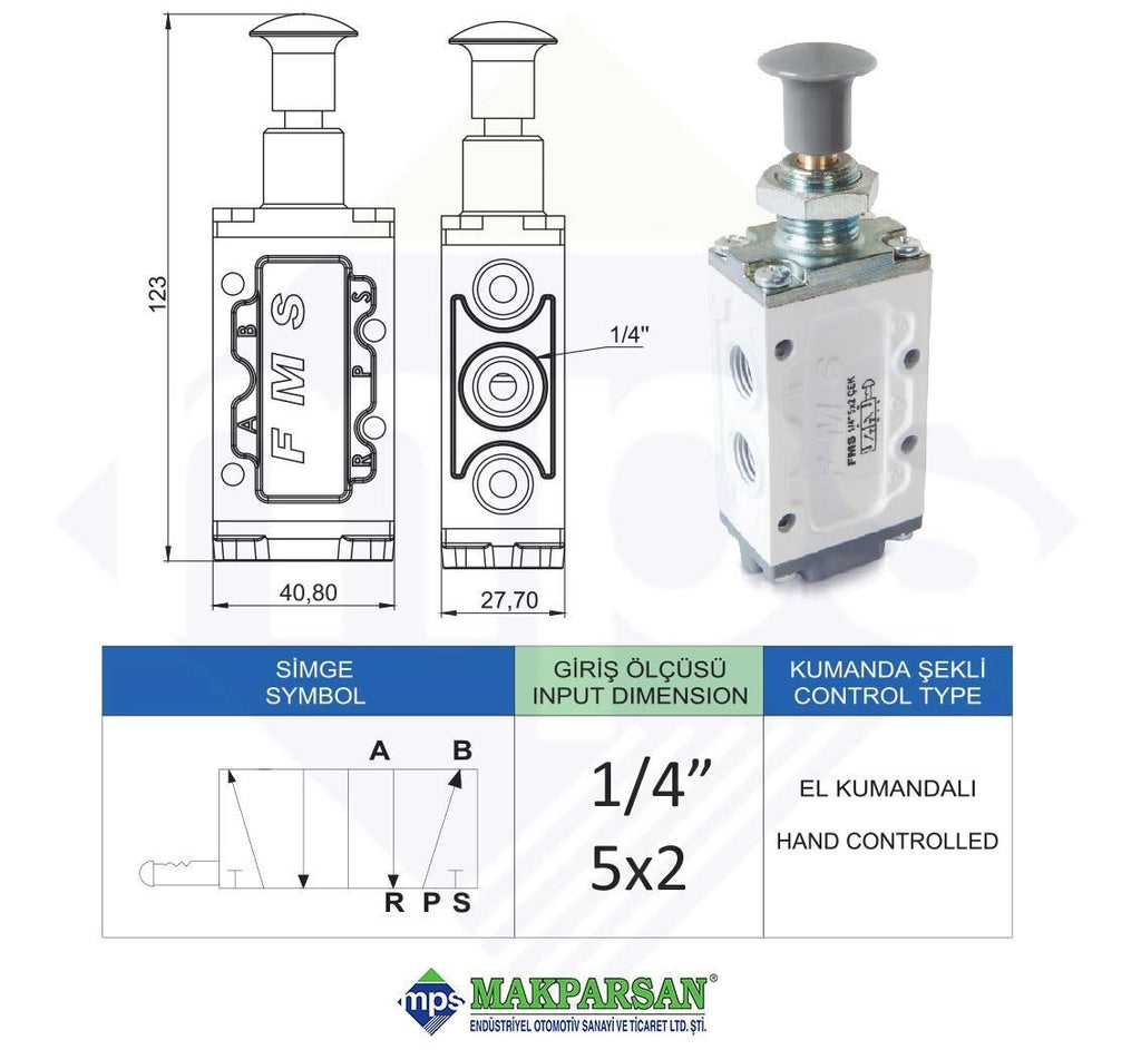 PNÖMATİK ÇEKMELİ VALF 1/4" 5x2 FMS MARKA