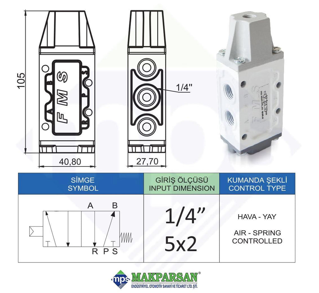PNÖMATİK HAVA YAY VALF 1/4" 5x2 FMS MARKA
