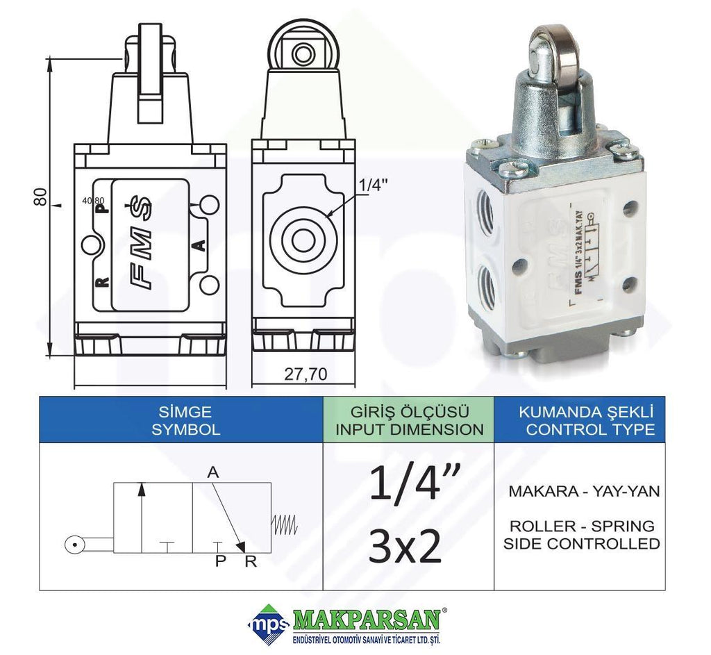 PNÖMATİK MAKARA YAY VALF YAN 1/4" 3x2 FMS MARKA