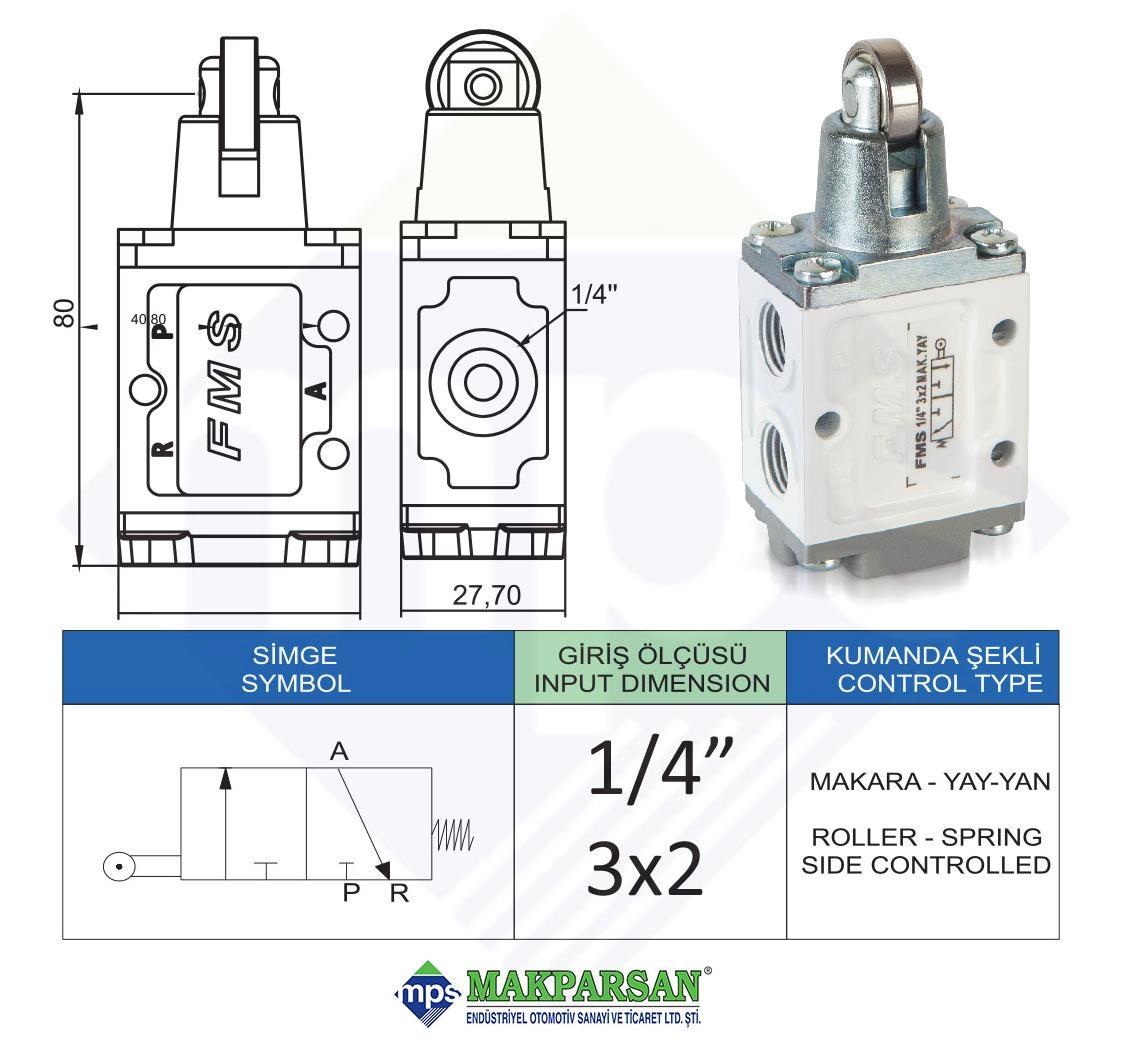 PNÖMATİK MAKARA YAY VALF YAN 1/4" 3x2 FMS MARKA