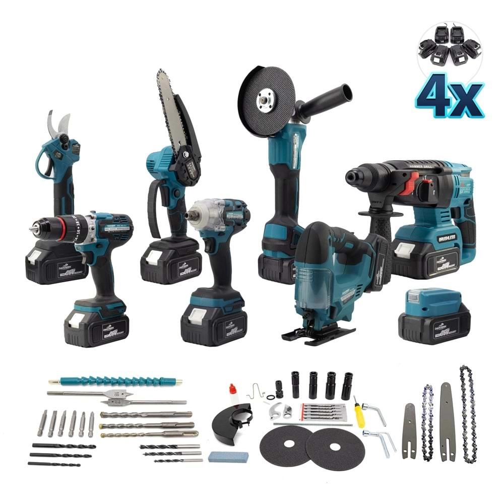 Şarjlı Torklu Sekizli Set Dbml (Led Aydınlatma+ Ş.Hilti+Ş.Spral+S.Sıkma+13mm Ç.Mandren+Ş.Dekupaj+Budama Testeresi+Bağ Makas)