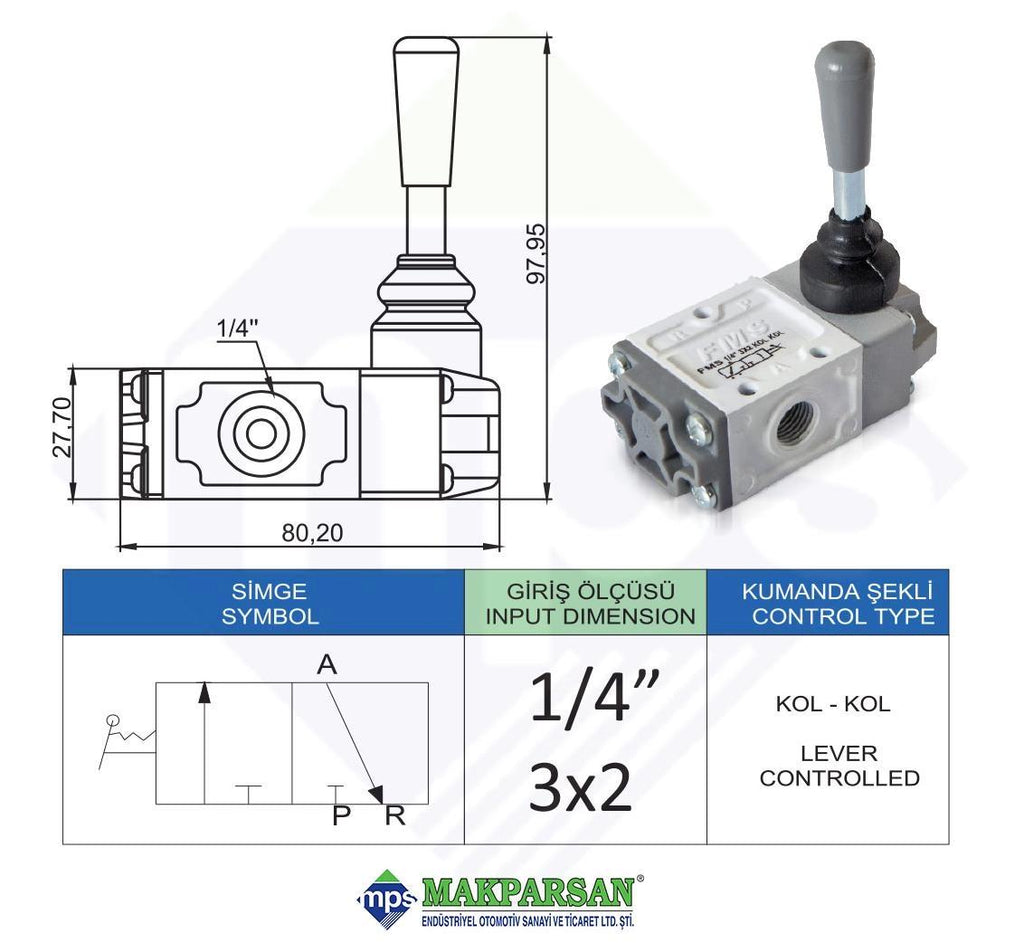 PNÖMATİK KOL-KOL VALF 1/4" 3x2 FMS MARKA