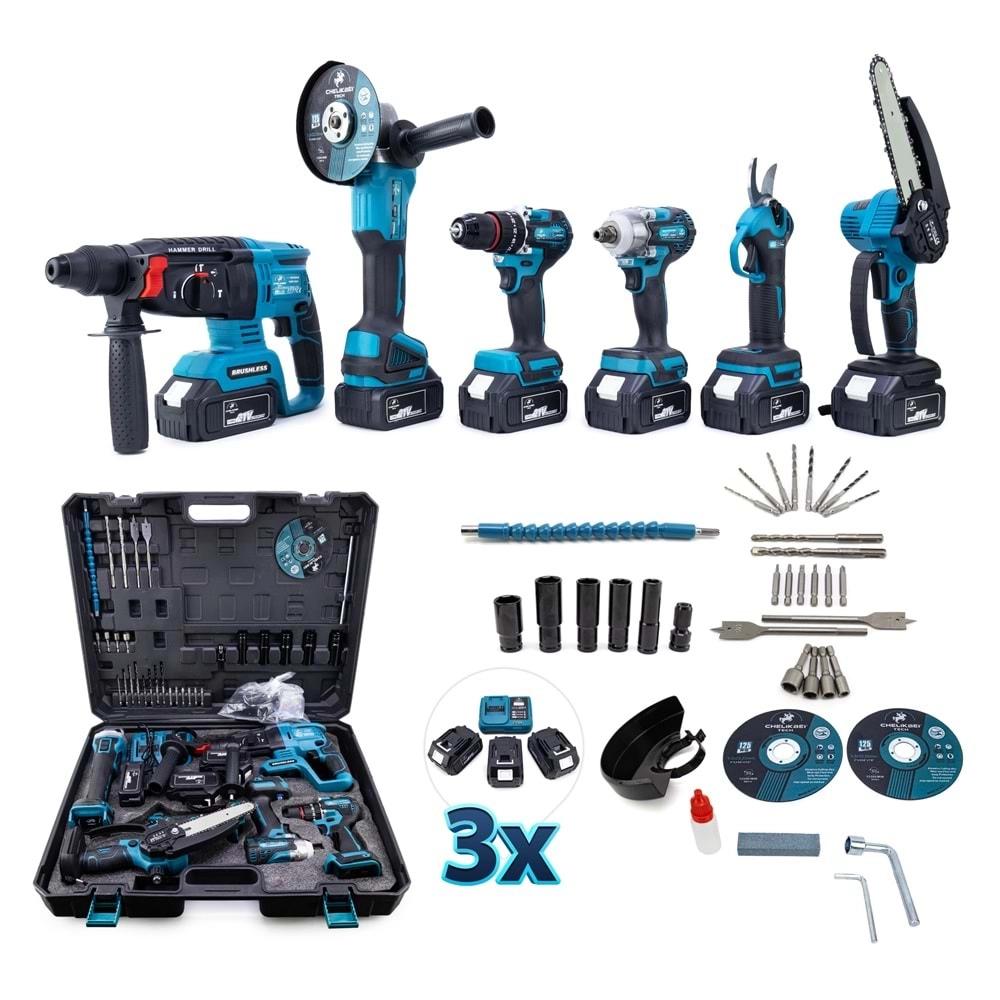 Şarjlı Chelıkbeı Altılı Set (Budama Testeresi +Bağ Makası + 13mm Ç.Mandren+S.Sıkma+Ş.Spral+Ş.Hilti)