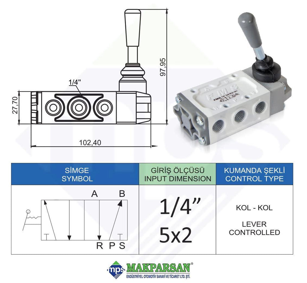 PNÖMATİK KOL-KOL VALF 1/4" 5x2 FMS MARKA
