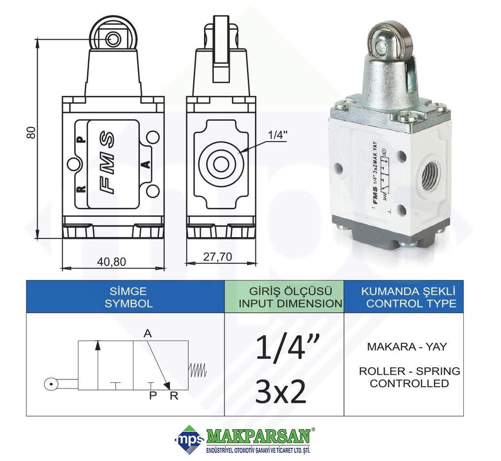 PNÖMATİK MAKARA YAY VALF 1/4" 3x2 FMS MARKA