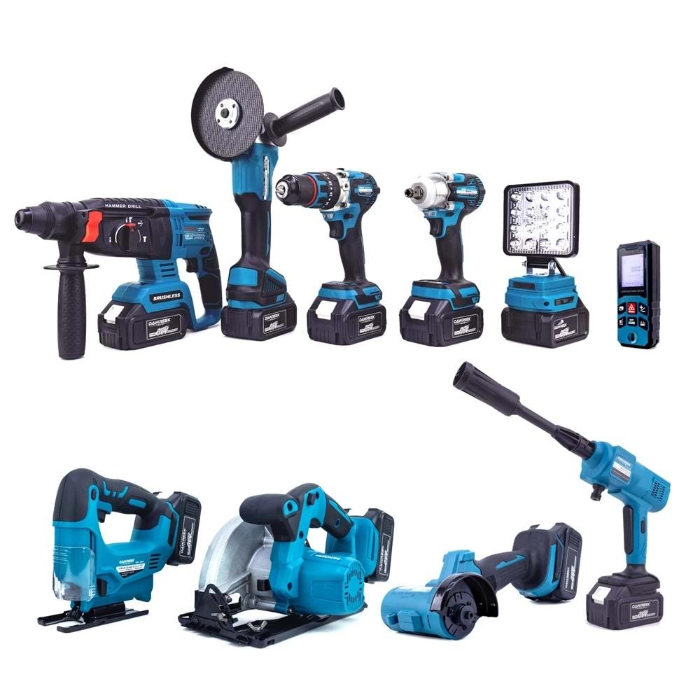 Şarjlı Onlu Set (Led Işık + Kırıcı Delici Matkap+Avuç Taşlama+Somun Sıkma+Vidalama+Sunta Kesme+Dekupaj+Lazer Metre+Oto Yıkama+Çok Fonksiyonlu Avuç Taşlama)