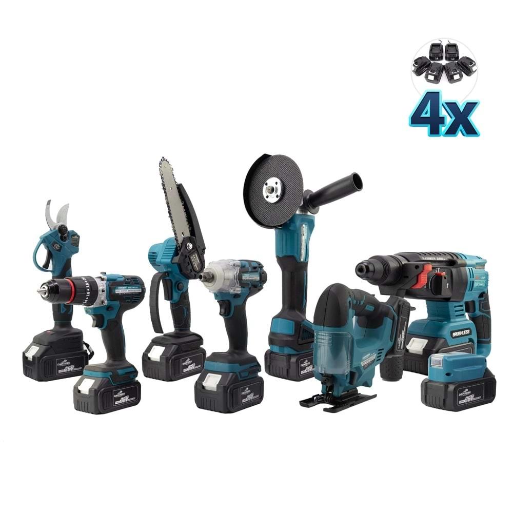 Şarjlı Torklu Sekizli Set Dbml (Led Aydınlatma+ Ş.Hilti+Ş.Spral+S.Sıkma+13mm Ç.Mandren+Ş.Dekupaj+Budama Testeresi+Bağ Makas)