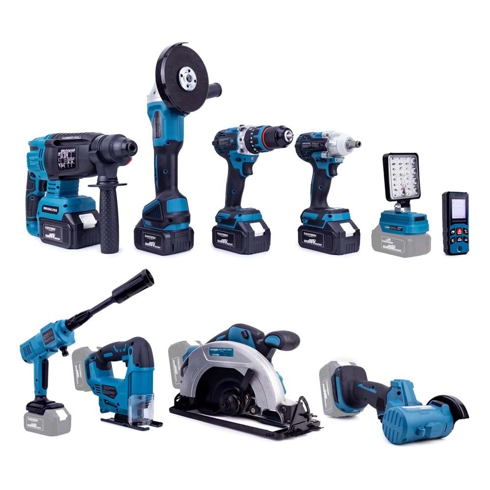 Şarjlı Onlu Set (Led Işık + Kırıcı Delici Matkap+Avuç Taşlama+Somun Sıkma+Vidalama+Sunta Kesme+Dekupaj+Lazer Metre+Oto Yıkama+Çok Fonksiyonlu Avuç Taşlama)