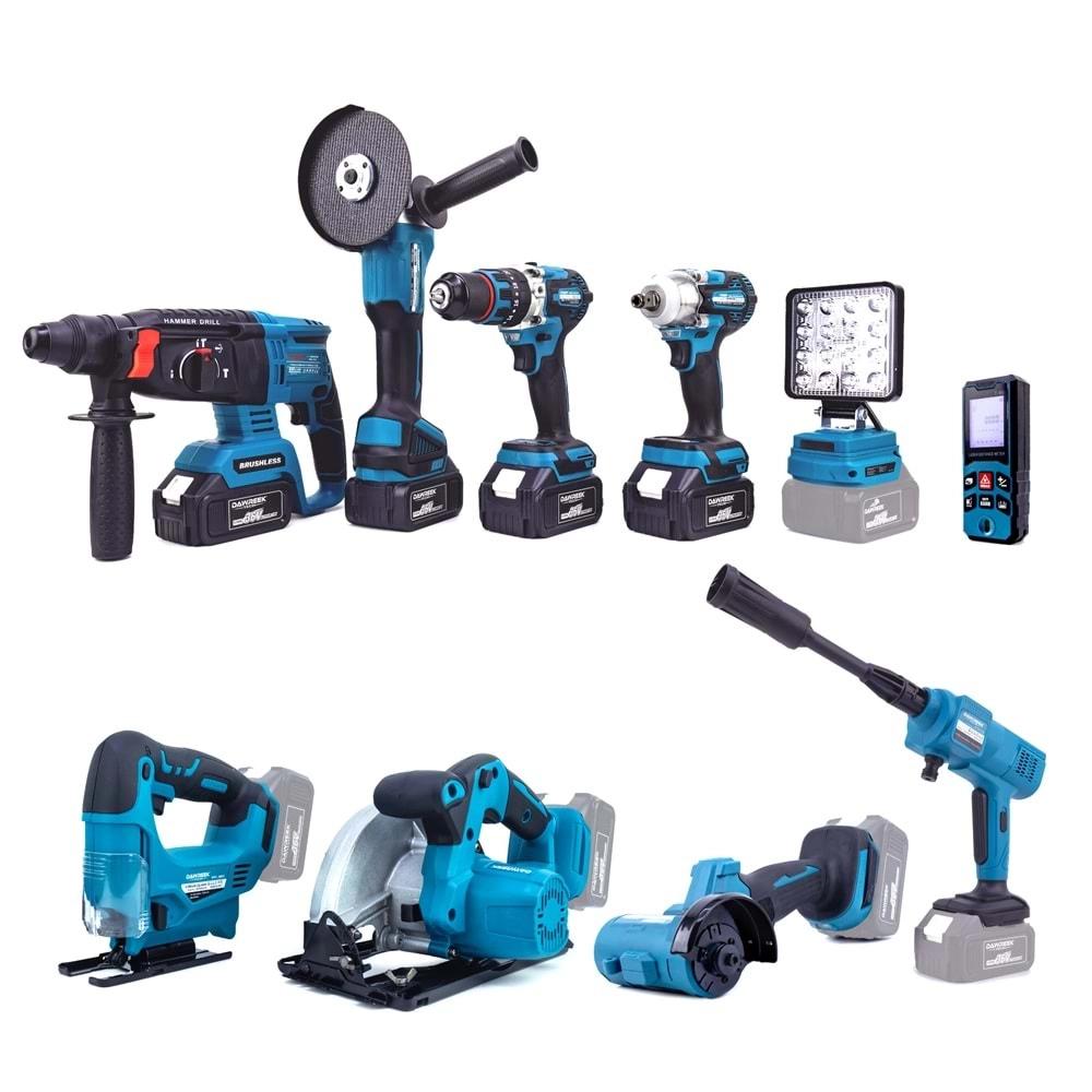 Şarjlı Onlu Set (Led Işık + Kırıcı Delici Matkap+Avuç Taşlama+Somun Sıkma+Vidalama+Sunta Kesme+Dekupaj+Lazer Metre+Oto Yıkama+Çok Fonksiyonlu Avuç Taşlama)