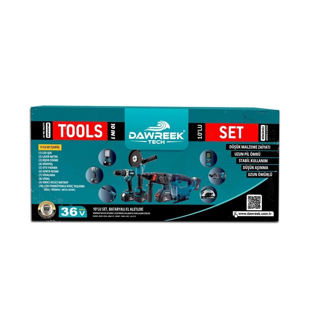 Şarjlı Onlu Set (Led Işık + Kırıcı Delici Matkap+Avuç Taşlama+Somun Sıkma+Vidalama+Sunta Kesme+Dekupaj+Lazer Metre+Oto Yıkama+Çok Fonksiyonlu Avuç Taşlama)